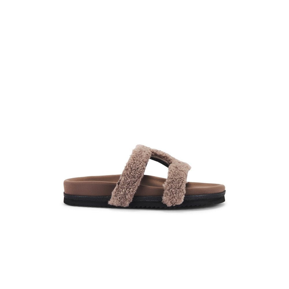 NEW R0AM Fuzzy Cuffs Faux Fur Sandal in Taupe